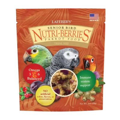 Embala laranja de comida para papagaios Nutri-Berries Senior Bird com imagens de papagaios