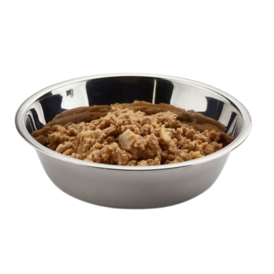 Taça metálica com alimento húmido castanho claro