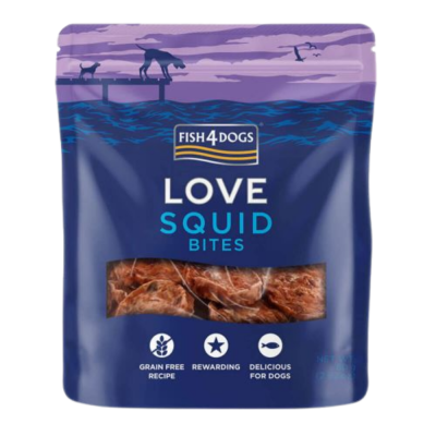 Pacote de snacks para cães FISH4DOGS LOVE SQUID BITES azul roxo com pedaços visíveis e texto descritivo