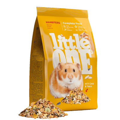 Embalagem amarela de ração para hamsters da marca Little One com imagem de hamster e porção de comida