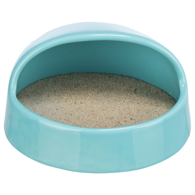 Comedouro ou bebedouro azul claro semi-fechado com areia