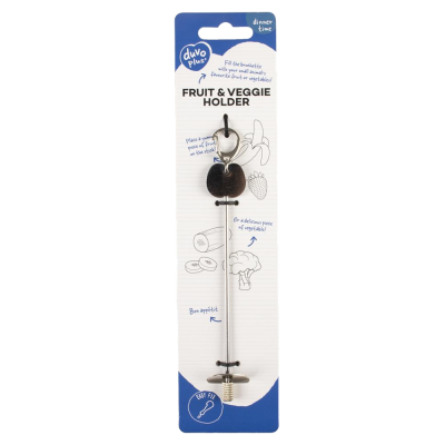 Suporte metálico para fruta e legumes com peça de madeira, embalagem branca e azul.