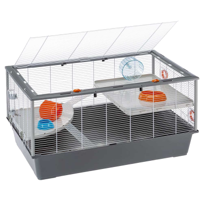 Gaiola metálica com base cinzenta, plataformas brancas e rodas de exercício coloridas