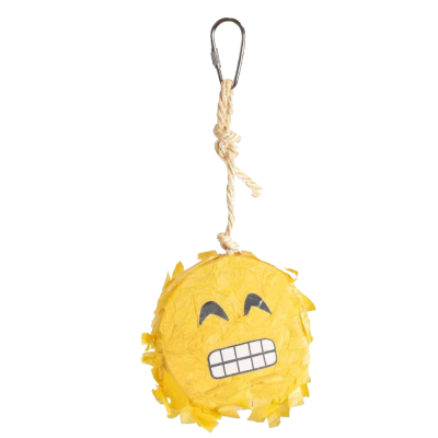 Piñata amarela redonda com rosto sorridente e corda para pendurar