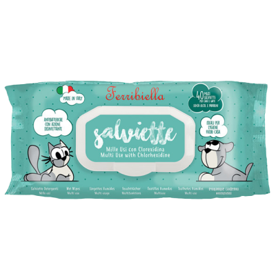 Embalagem verde-água com 40 salviettes multiuso para cães da Ferribiella