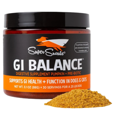 Suplemento digestivo GI BALANCE Super Snouts para cães e gatos em embalagem preta e laranja com pó amarelo