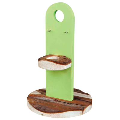 Suporte de madeira verde com base redonda e prateleira rústica.