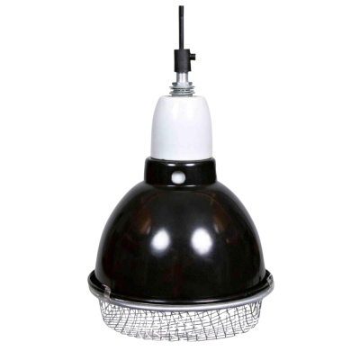 Luminária de suspensão preta com suporte branco e grelha metálica