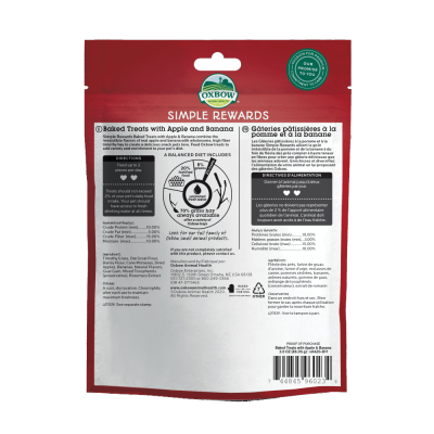 Embalagem traseira vermelha de petisco Oxbow SIMPLE REWARDS com texto e informações