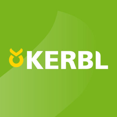 Logotipo com texto KERBL em branco e símbolo amarelo sobre fundo verde