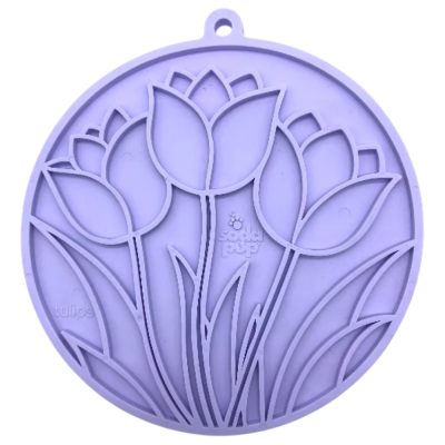 Pegador de silicone lilás com design de tulipas recortado