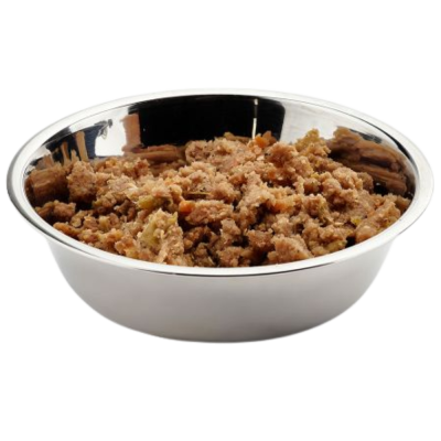 Taça metálica com alimento granulado castanho e pedaços coloridos