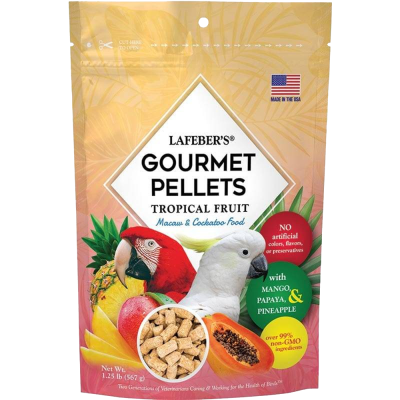 Embalagem de pellets gourmet para aves tropicais com frutas tropicais e imagens de papagaio e cacatua