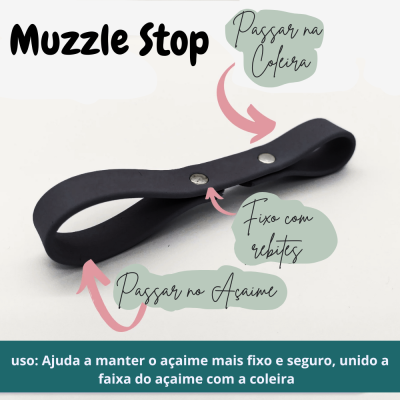 Muzzle Stop preto com rebites prateados e texto explicativo em português