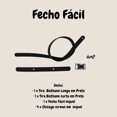 Kit de fecho fácil com tiras pretas de Biothane, fecho e parafusos niquel