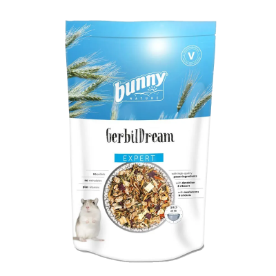 Pacote de alimento para gerbils Bunny Nature GerbilDream Expert azul e branco com mistura de sementes e vegetais visível