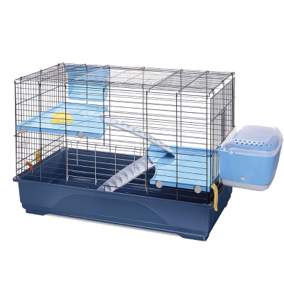 Gaiola para pequenos animais azul com acessórios interiores e compartimento removível