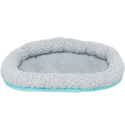 Cama redonda para animal cinza com borda felpuda e base azul