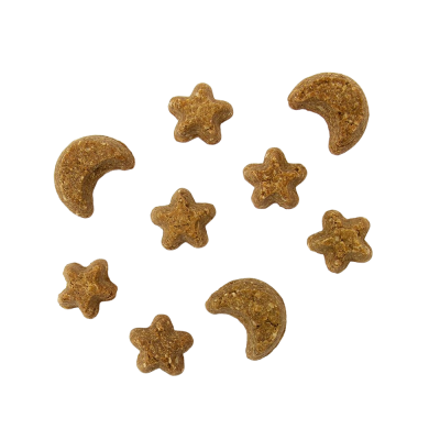 Croquetes para animais em forma de estrelas e luas castanhas