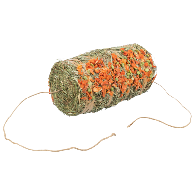 Rolo cilíndrico de palha verde e pedaços laranja com cordas