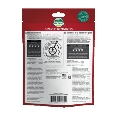 Parte traseira vermelha da embalagem de petiscos para animais Oxbow com texto informativo.