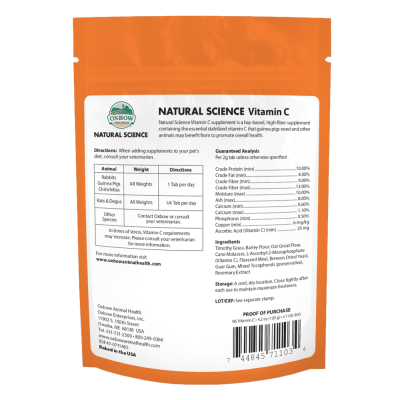 Embalagem laranja de suplemento Natural Science Vitamin C da marca Oxbow com texto informativo