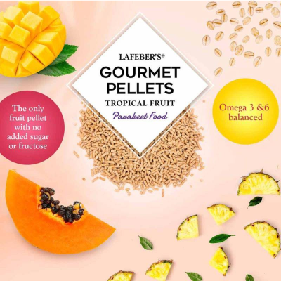 Pacote de pellets gourmet tropical fruit para periquitos com manga, papaia e ananás no fundo rosa claro
