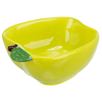 Tigela quadrada amarela com adorno de folha verde e castanha