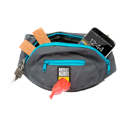 Bolsa de cintura cinza com zíperes azuis contendo chave, saquinhos e telemóvel