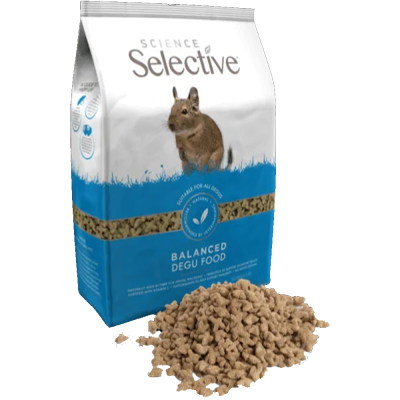 Embalagem de ração Selective Science para degus com ração à frente