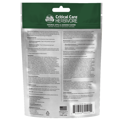 Embalagem de suplemento Critical Care Herbivore sabor maçã e banana