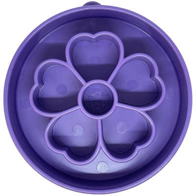 Taça roxa de plástico com cinco divisórias em forma de coração e texto soda pup no centro