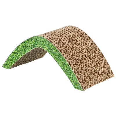 Arranhador para gatos em cartão castanho com laterais verdes e forma de arco