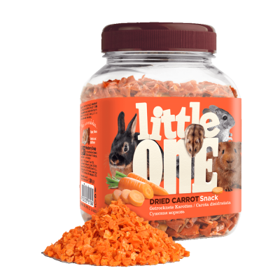 Snack de cenoura desidratada em frasco com rótulo e imagens de animais pequenos.