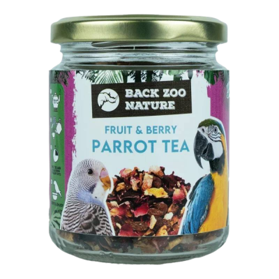 Frasco de chá para papagaios com rótulo ilustrado e tampa dourada