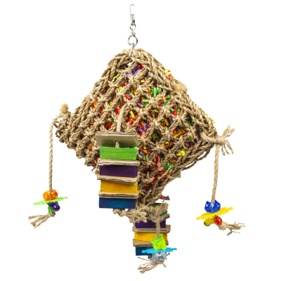 brinquedo suspenso para pássaros com rede de corda e madeira colorida