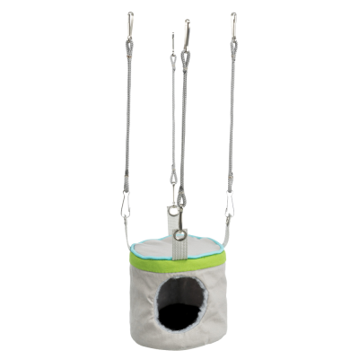 Brinquedo para pássaros em tecido cinzento com abertura circular