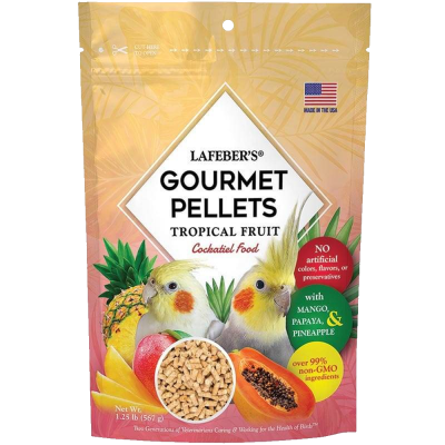 Saco de pellets gourmet para aves tropical fruit com imagens de manga, papaia e ananás