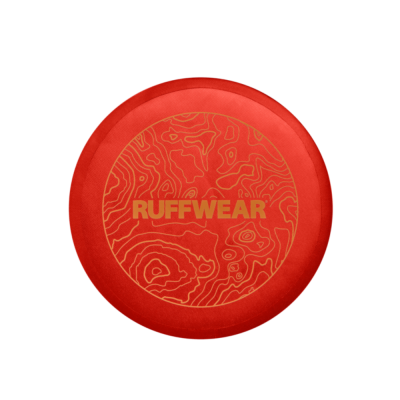 Disco frisbee vermelho com padrão amarelo e texto RUFFWEAR