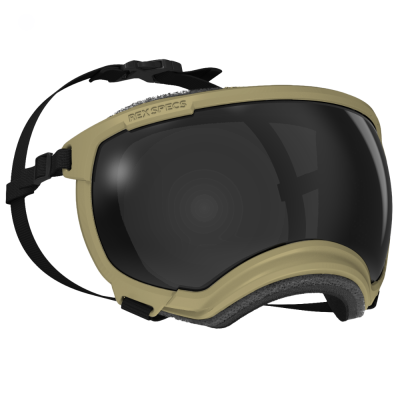 Óculos de proteção bege com lente preta e faixa preta ajustável