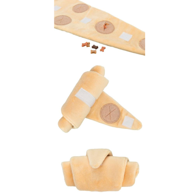 produto de pelúcia bege claro com padrões circulares castanhos e ossos de brinquedo