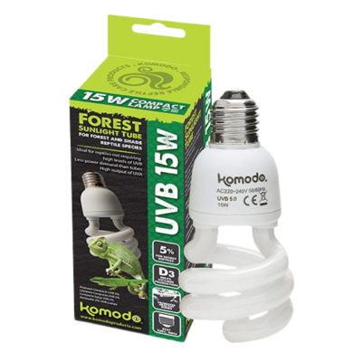 Lâmpada fluorescente UVB 15W para répteis com embalagem verde e preta e imagem de camaleão