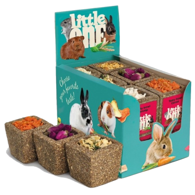 Expositor azul-turquesa com produtos alimentares quadrados para pequenos roedores e ilustrações de coelho e porquinho-da-índia