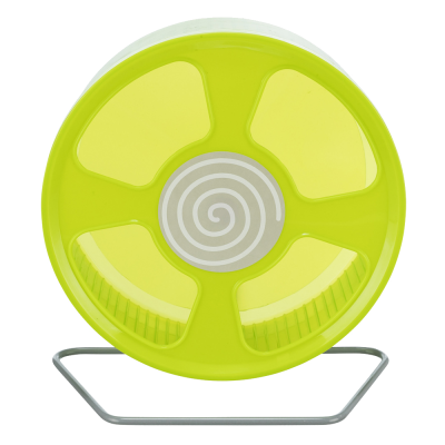 Roda de exercício para pequenos animais em plástico verde e amarelo com suporte metálico