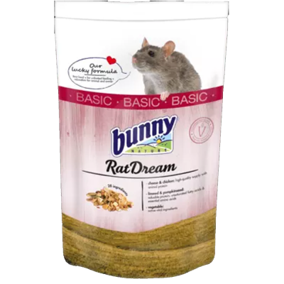 Embalagem de alimento para ratos Bunny RatDream com imagem de rato e cores branco, vermelho e amarelo