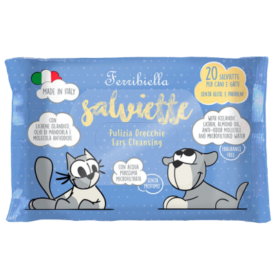 Pacote azul de toalhitas para cães e gatos Ferribiella com ilustrações de gato e cão