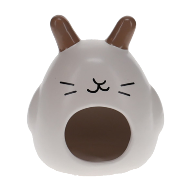 Casinha de animal em forma de coelho branco e castanho com rosto desenhado
