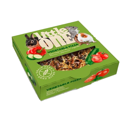 Embalagem verde de pizza vegetal com desenhos de animais e legumes