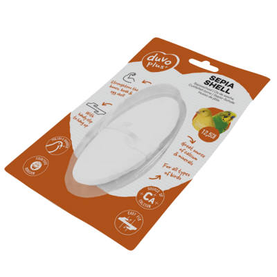 Concha de cálcio para pássaros Duvo Plus em embalagem branco e laranja