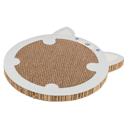 Raspador para gatos redondo de cartão corrugado com contorno branco e orelhas